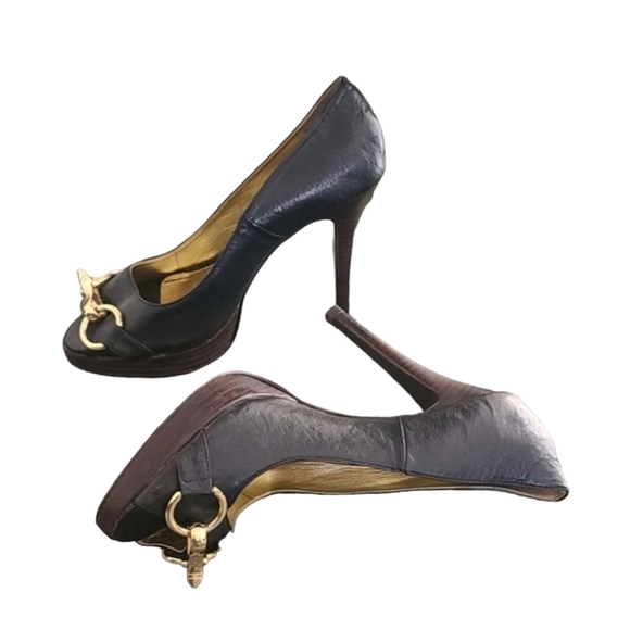 BOSTON PROPER Horsebit Peeptoe Platform Stilettos 8 Heels Leather Gold Buckles - Picture 13 of 15